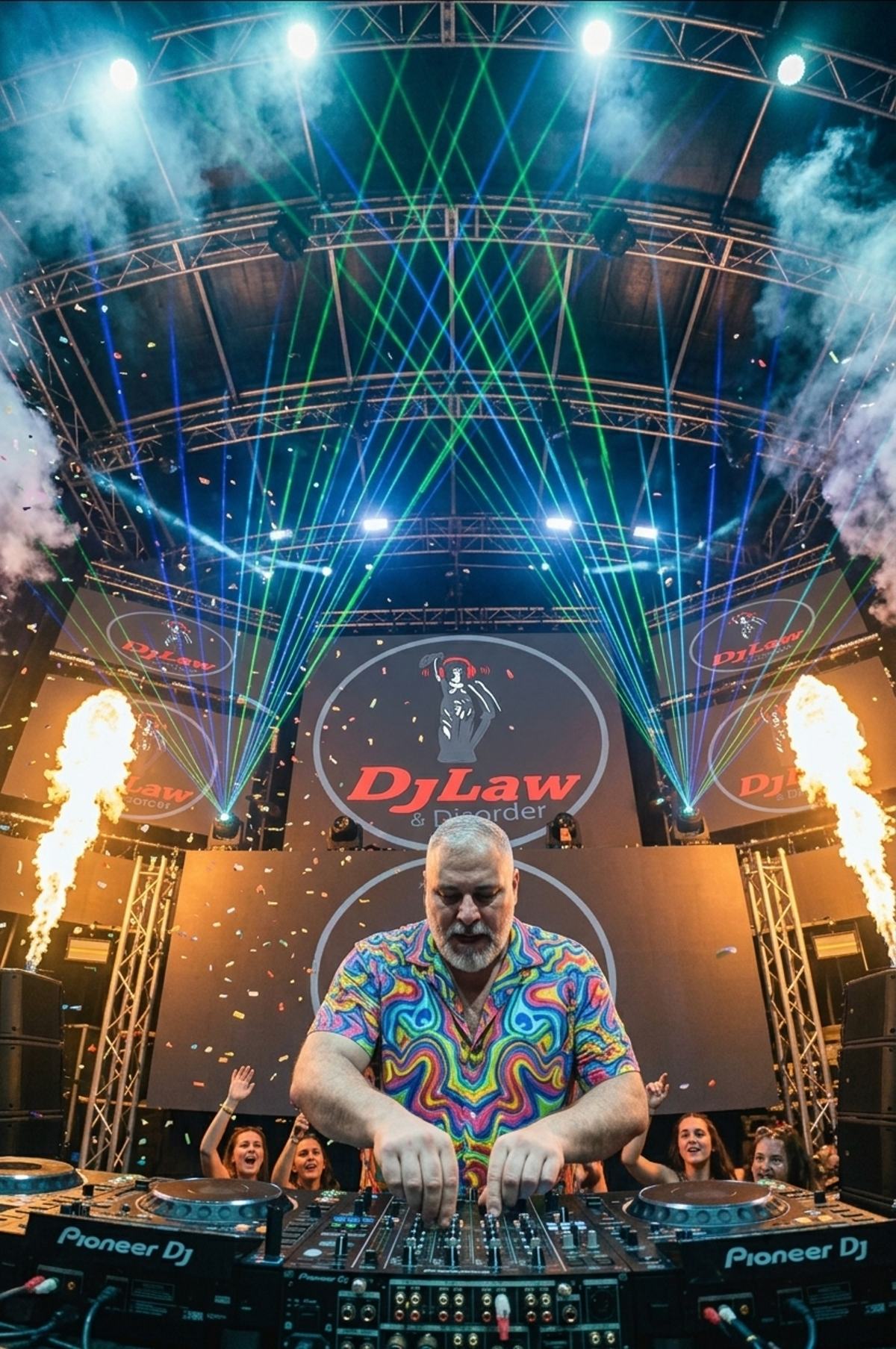 DjLaw & Disorder at the decks, lasers and pyro overhead